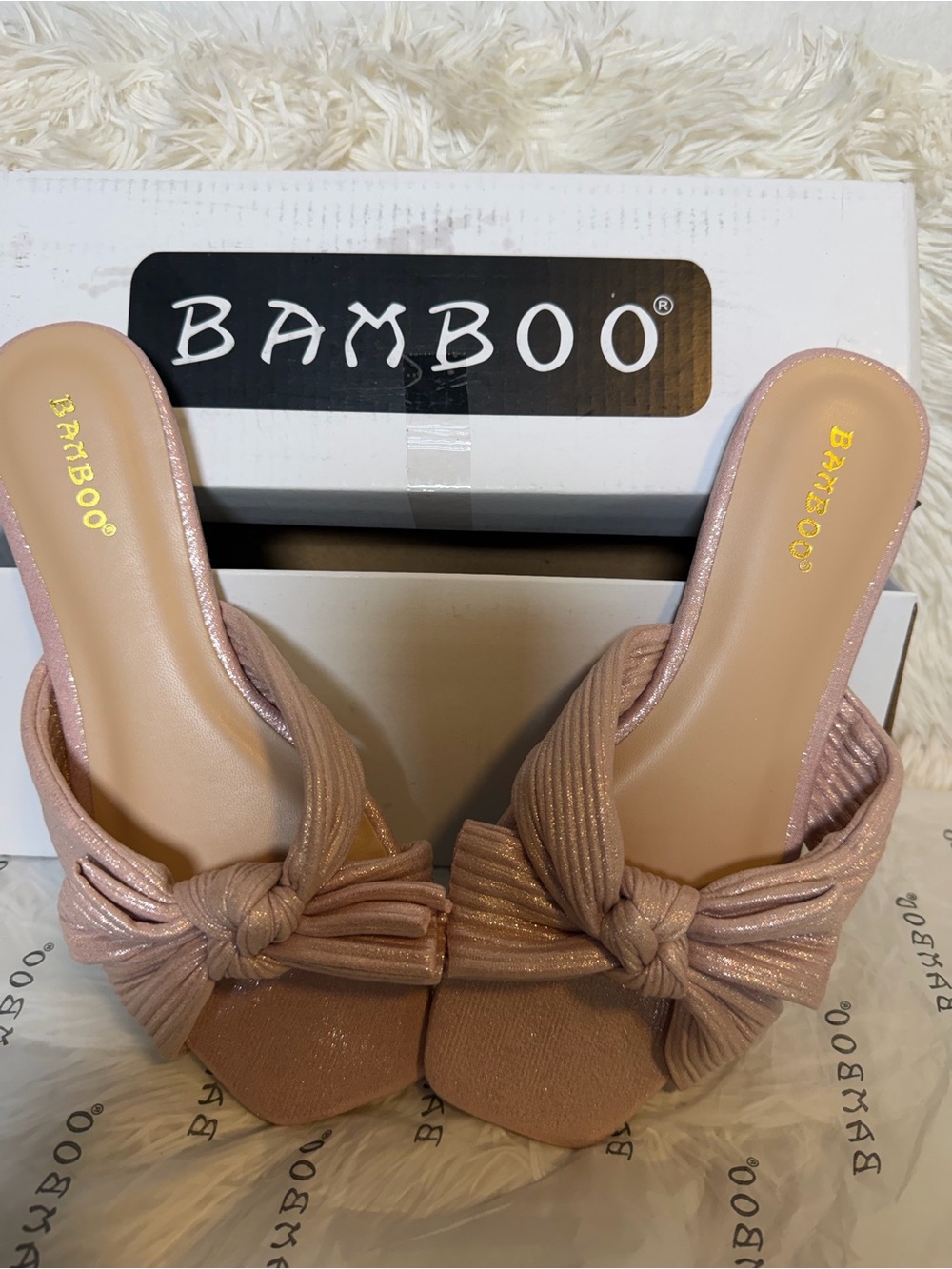 BAMBOO Blush Pink Shimmery Knot Slide Mules